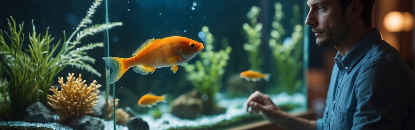 a person in a small household lounge area, admiring their fish tank