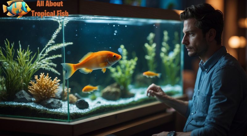 a person in a small household lounge area, admiring their fish tank