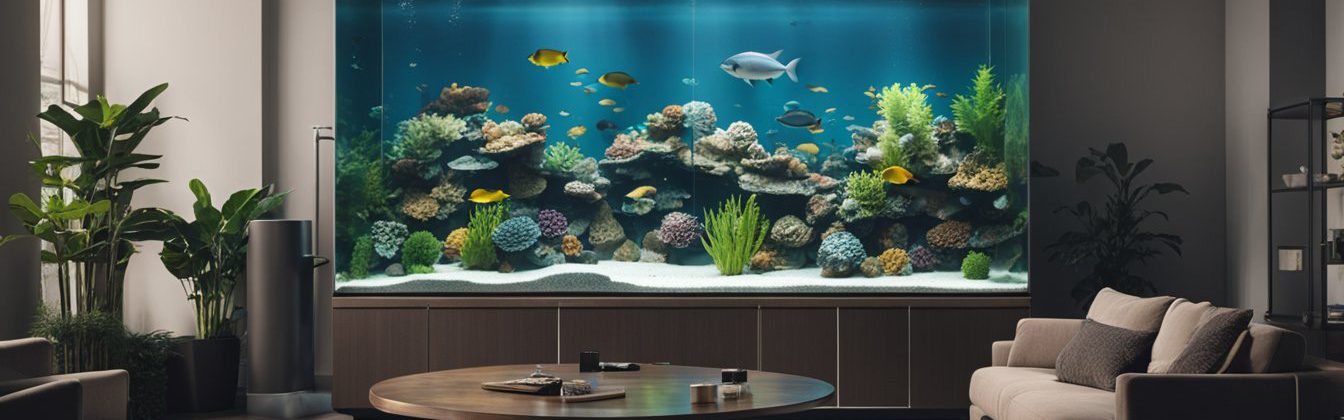 A very large aquarium in a living room space