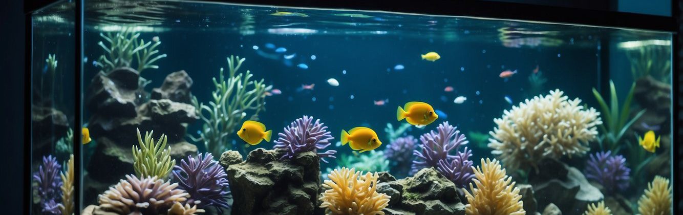 a tropical fish aquarium illuminated in the moonlight