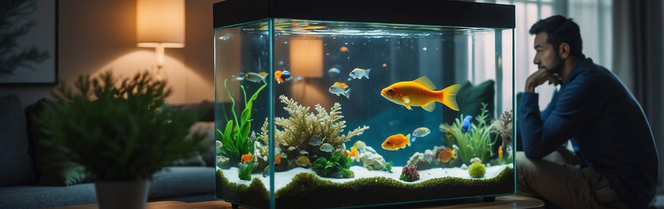 a person in a small household lounge area, standing looking over their fish tank to inspect how clean it is