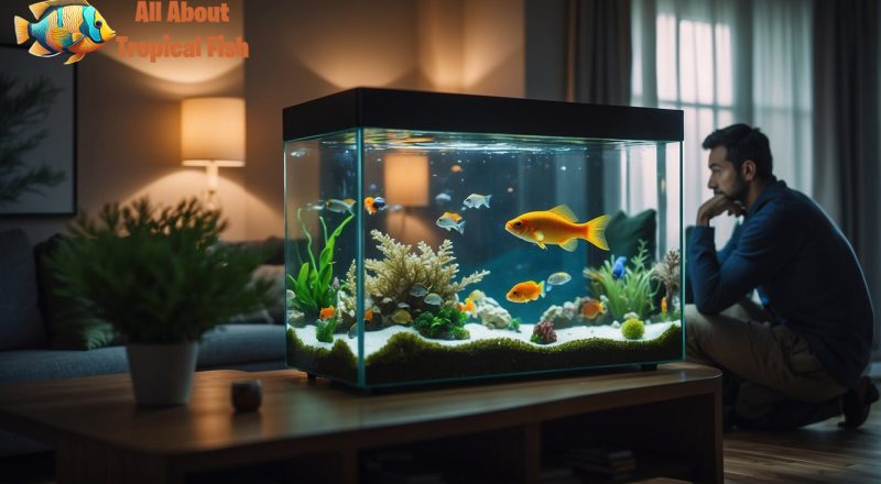 a person in a small household lounge area, standing looking over their fish tank to inspect how clean it is
