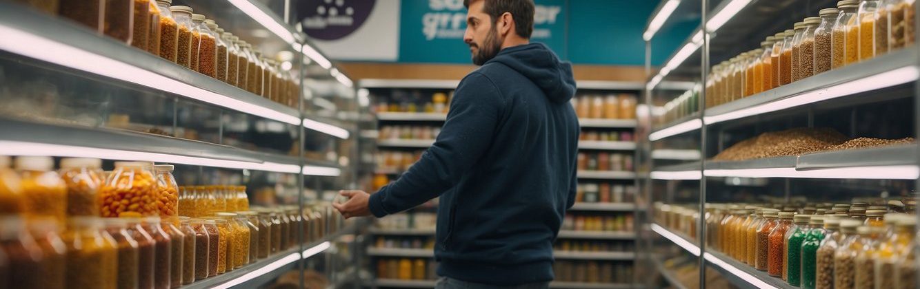 A person in a pet shop selecting the correct fish food from bottles on the shelves