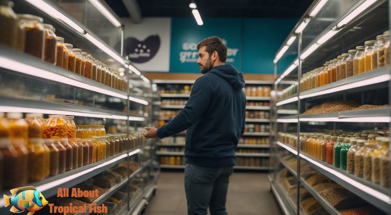 A person in a pet shop selecting the correct fish food from bottles on the shelves