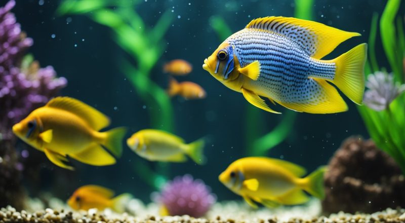 A fish tank and some food particles can be seen drifting down to the bottom