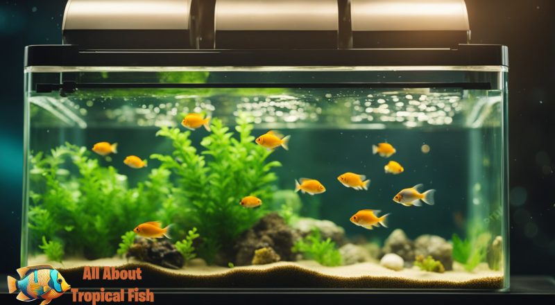a tropical fish tank with particles floating in the water that a water filter should clean