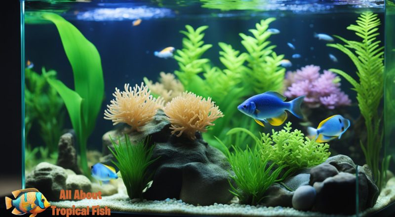 A tropical fish tank with the fish tank lights on, showing the amazing lighting effect