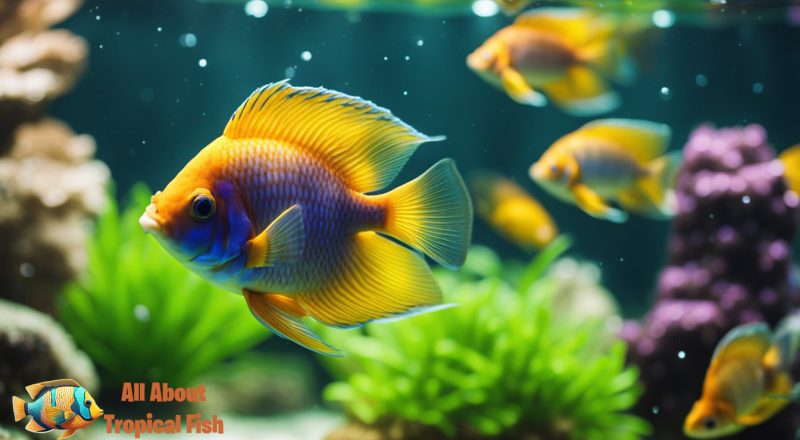 Some tropical fish swimming in a clean tank