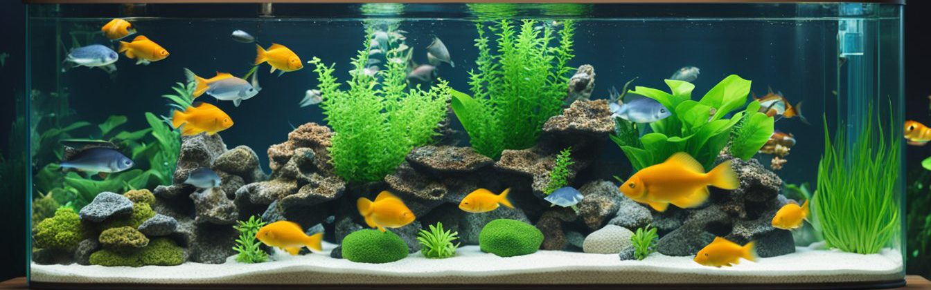 A large home aquarium on a tank stand