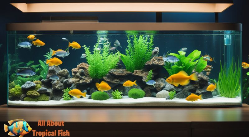 A large home aquarium on a tank stand