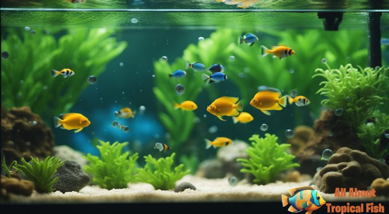 A tropical fish tank with some hungry fish swimming about