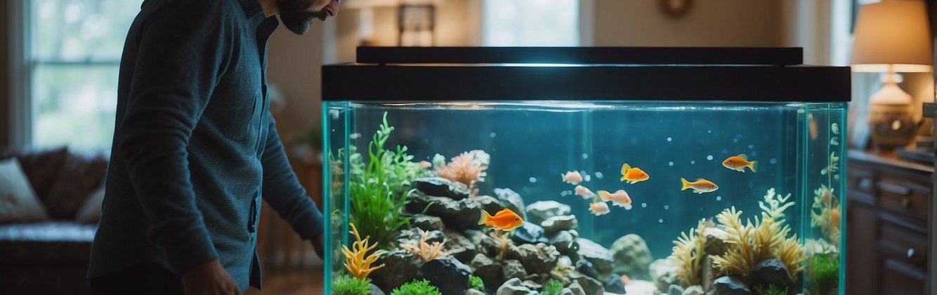 a person in a small household lounge area, standing looking over their fish tank to inspect the food levels