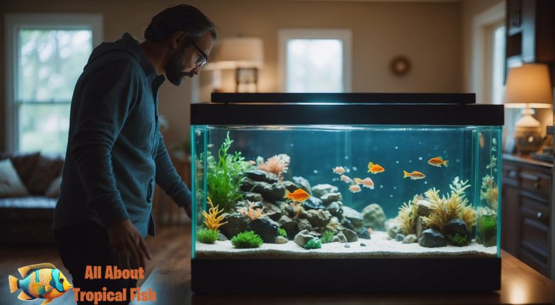 a person in a small household lounge area, standing looking over their fish tank to inspect the food levels