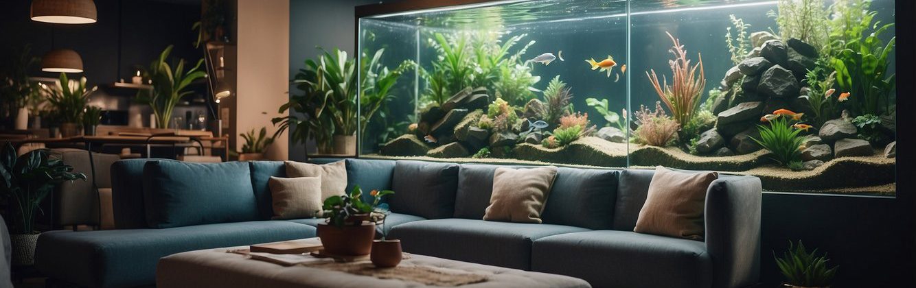 A small household lounge area with a large fish tank