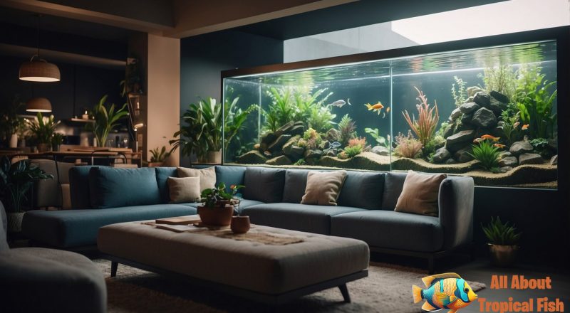 A small household lounge area with a large fish tank