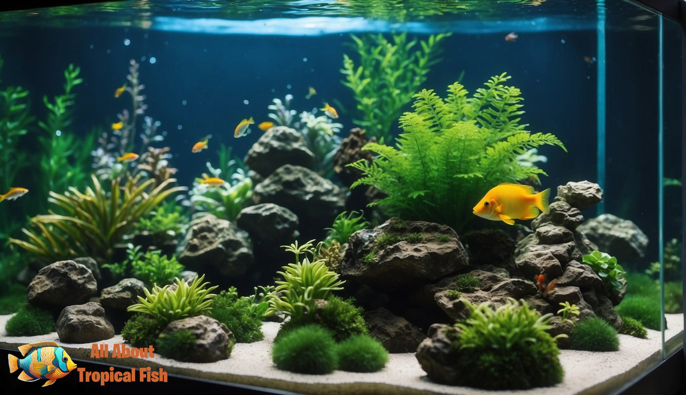 A beautiful planted aquarium with activated carbon filters. Clear water, vibrant fish, and healthy plants
