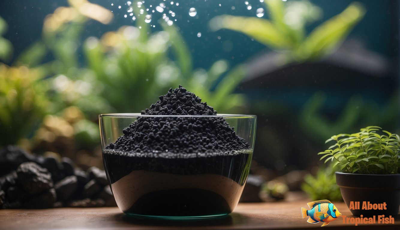 A bowl of activated carbon outside a fish tank