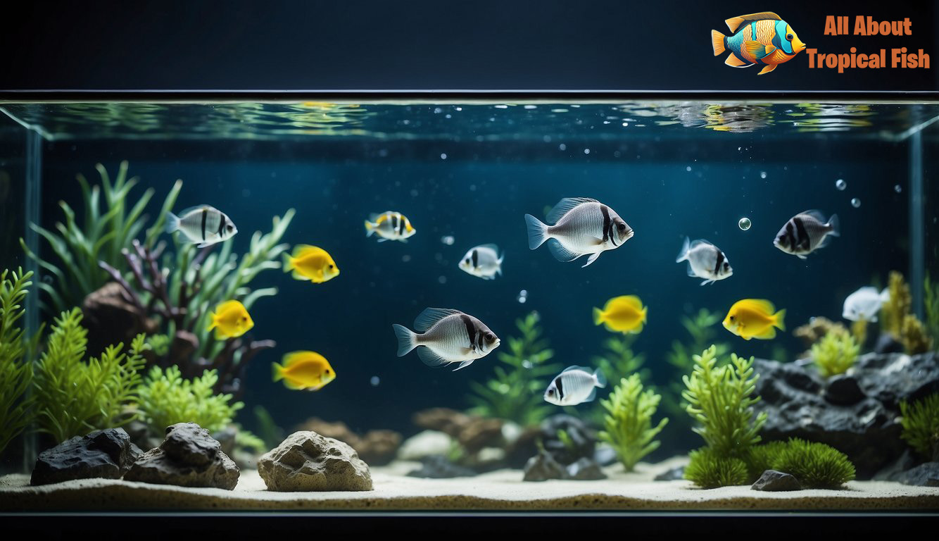 A clear aquarium water with activated charcoal filter, removing impurities and toxins, creating a healthy environment for aquatic life