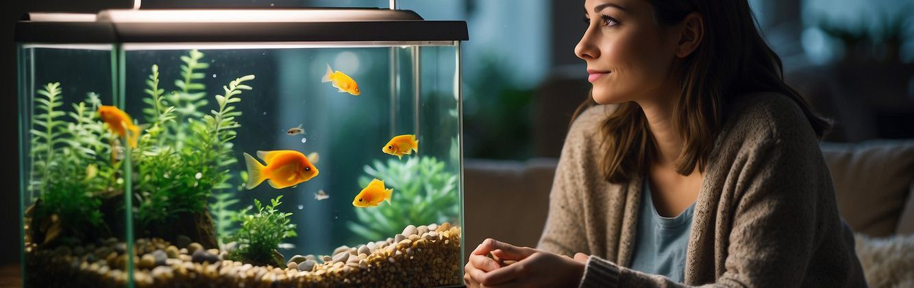 a woman in her lounge area, admiring her fish tank