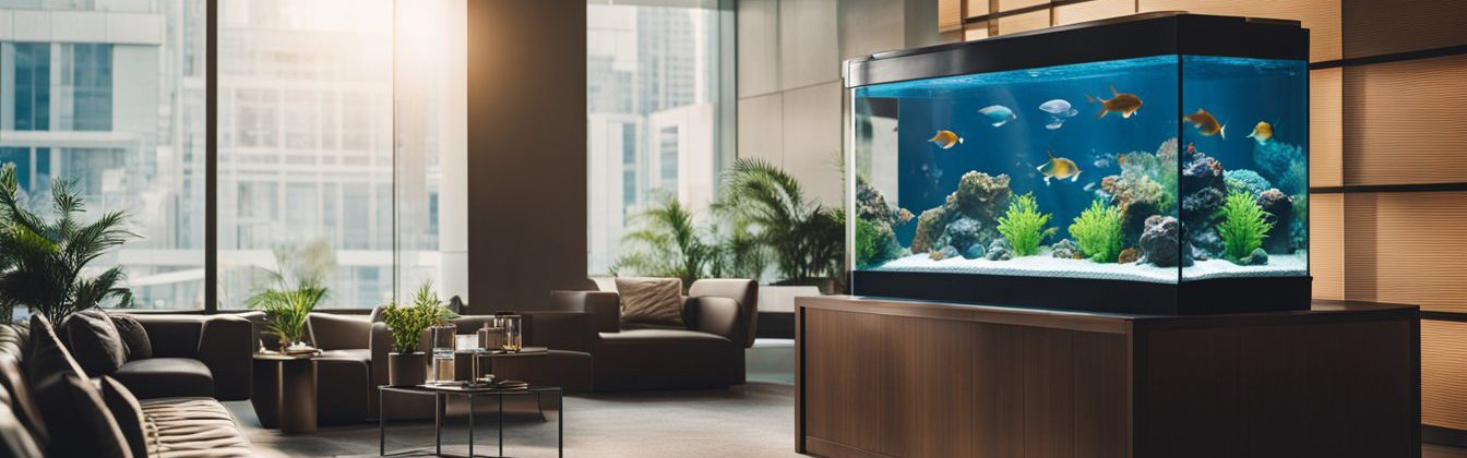 A well maintained aquarium in a lounge near the window