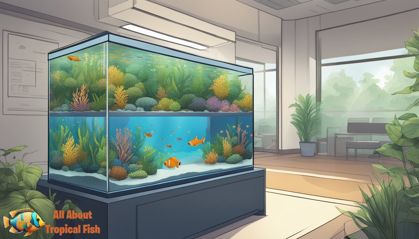 A fish tank sits on a sturdy stand, filled with colorful fish and aquatic plants. 