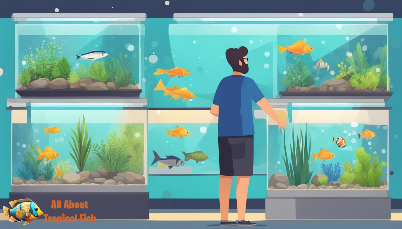 A person comparing different fish tanks in a pet store, considering size, shape, and material. 
