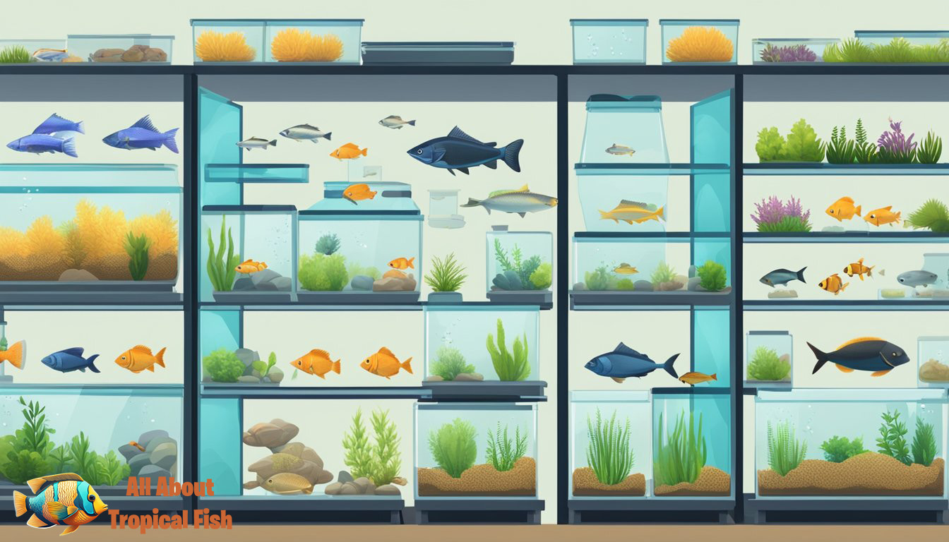 A variety of fish tanks in different sizes and styles displayed on shelves