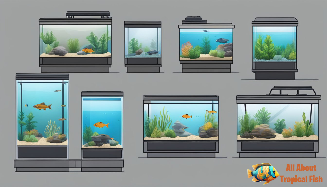A variety of fish tanks in different sizes and types are displayed, showcasing options for potential buyers to consider