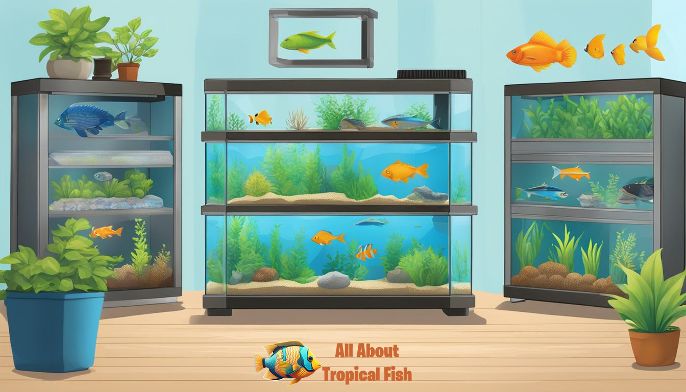 A variety of fish tanks line the shelves, each equipped with filters, heaters, and decorative accessories.