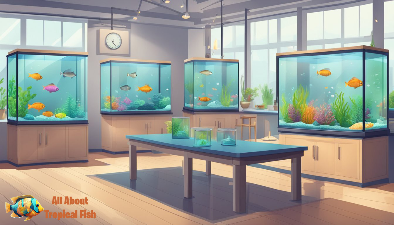 A spacious, well-lit room with a sturdy table. A variety of colorful fish tanks line the wall, with filters and decorations neatly organized nearby