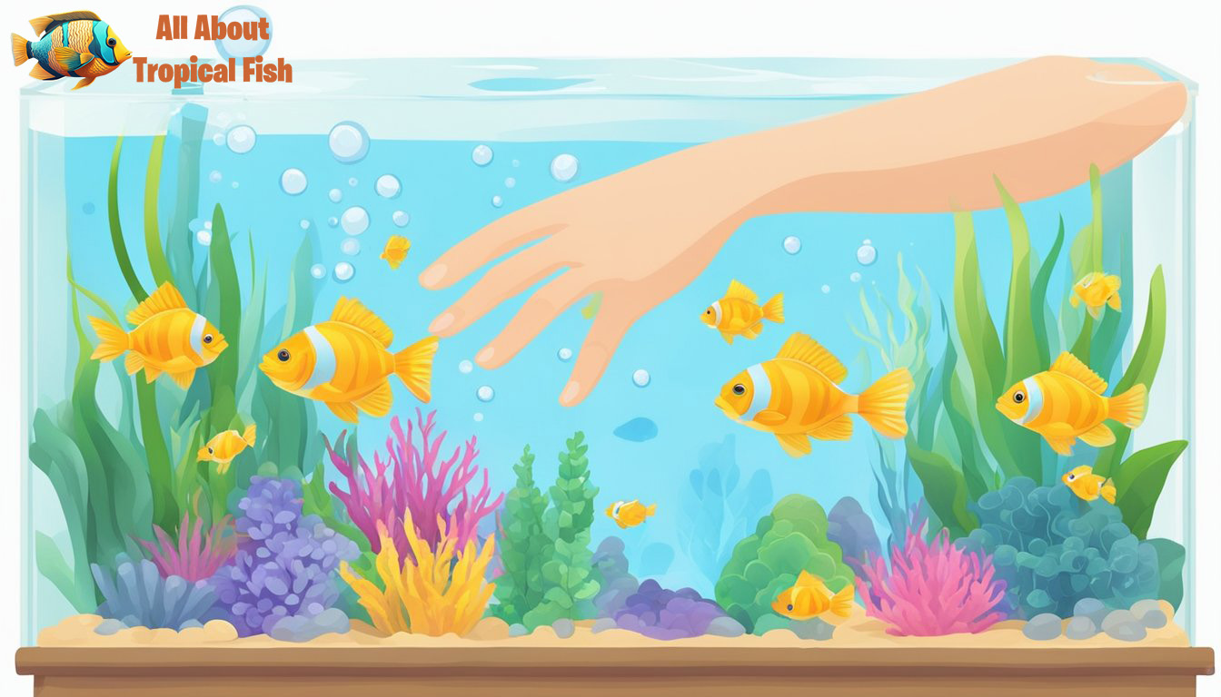 A hand adding water conditioner to a clean fish tank with colorful fish swimming happily