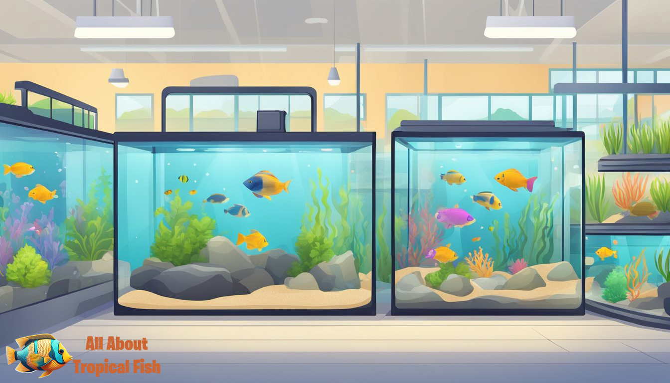 A variety of fish tanks in different sizes and shapes displayed in a pet store with colorful fish swimming inside