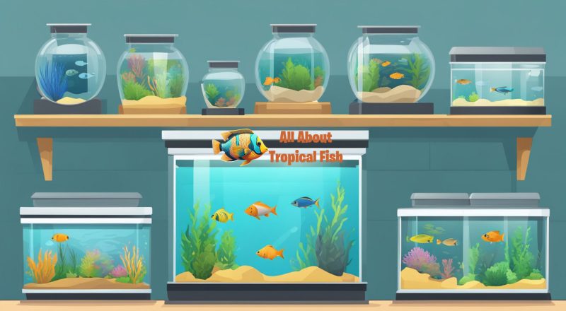 A variety of fish tanks in different sizes and shapes are displayed on shelves, with colorful fish swimming inside.