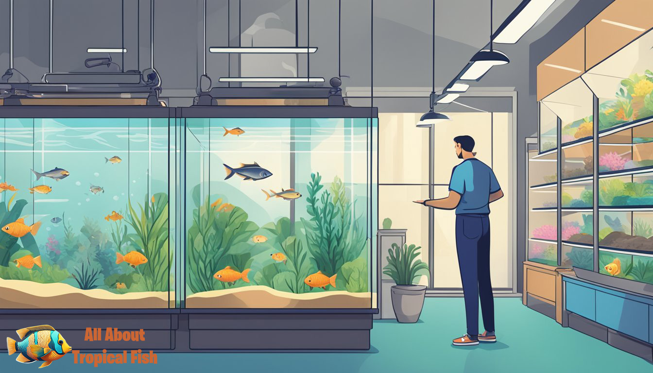 A person carefully examines different fish tanks in a pet store, comparing sizes, shapes, and prices to make a decision