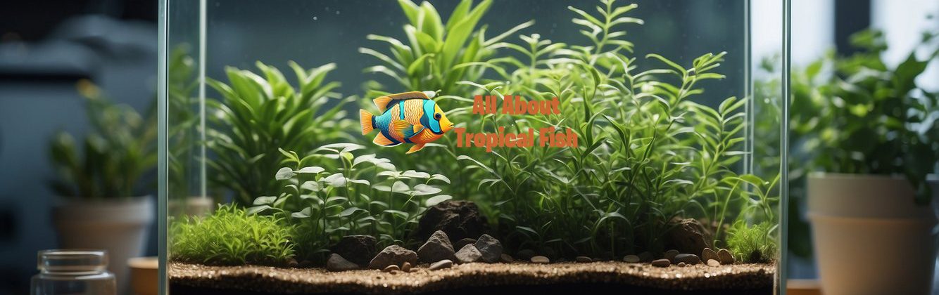 A small quarantine fish tank. Small hiding spots and plants inside.