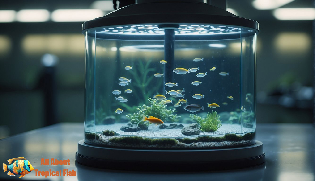 A fish quarantine tank is being set up with a filter, heater, and hiding spots. 