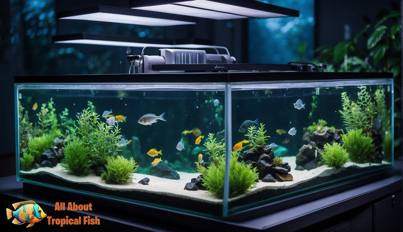 A fish quarantine tank with clean water, aeration. Decorated with hiding spots and equipped with a filter and heater