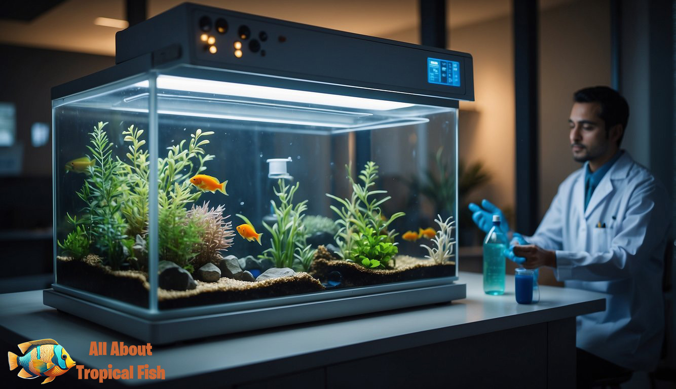 A fish quarantine tank is set up with a heater, filter, and medication for monitoring and treating health issues