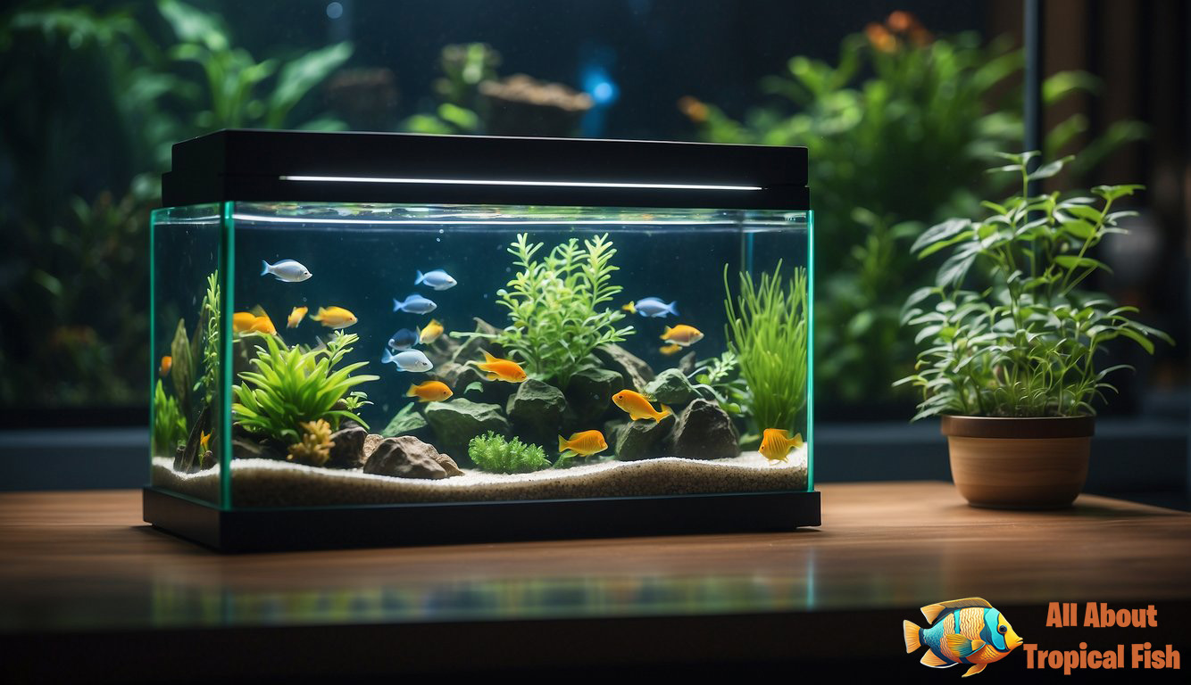 Fish in a small quarantine tank. The main tank is in the background