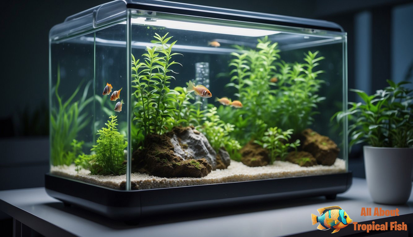 A small fish tank with hiding spots and plants