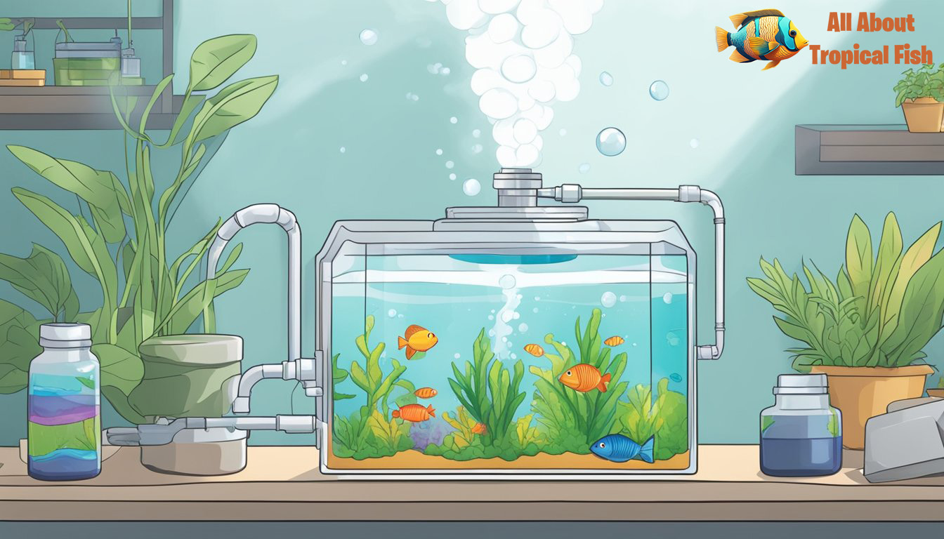 Bubbling airstone releasing CO2 into fish tank, pH testing kit nearby,