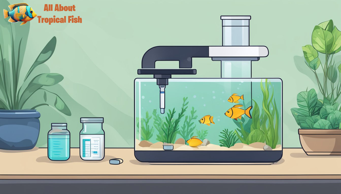 An aquarium with a pH testing kit, a bottle of pH reducer, and a small measuring cup.