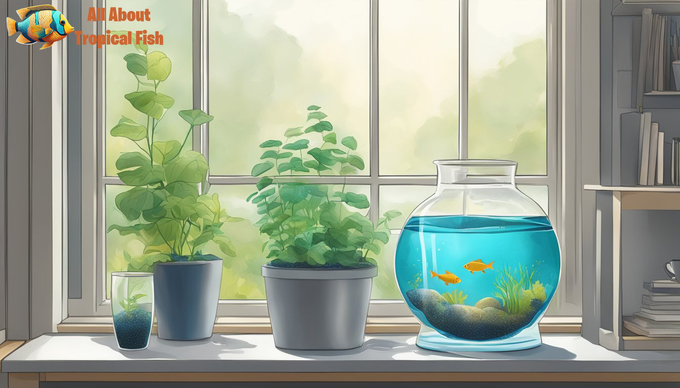 A small fish bowl in a sunny room near the window