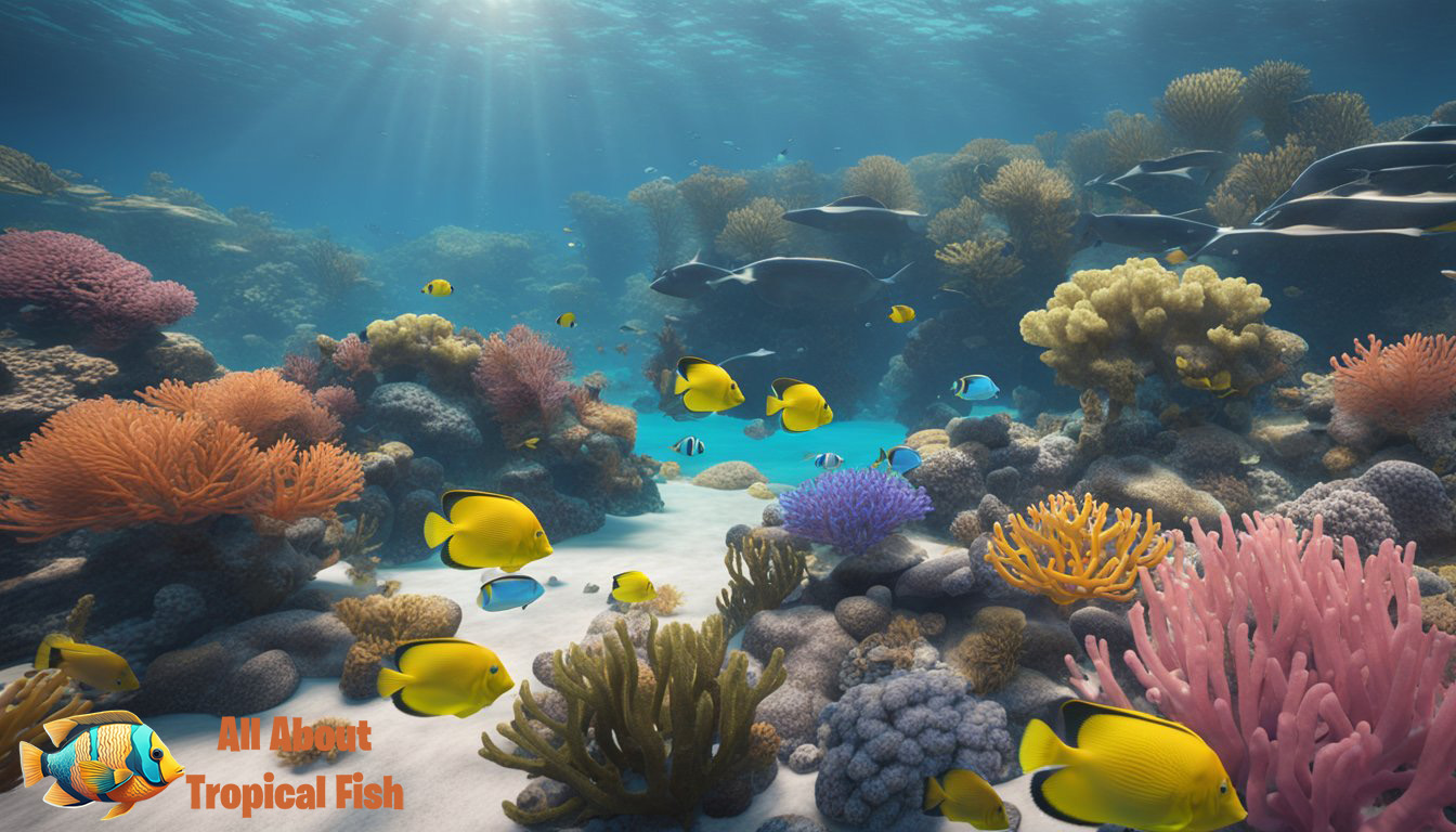 Tropical fish swim in a vibrant coral reef, surrounded by clear, pristine water. 