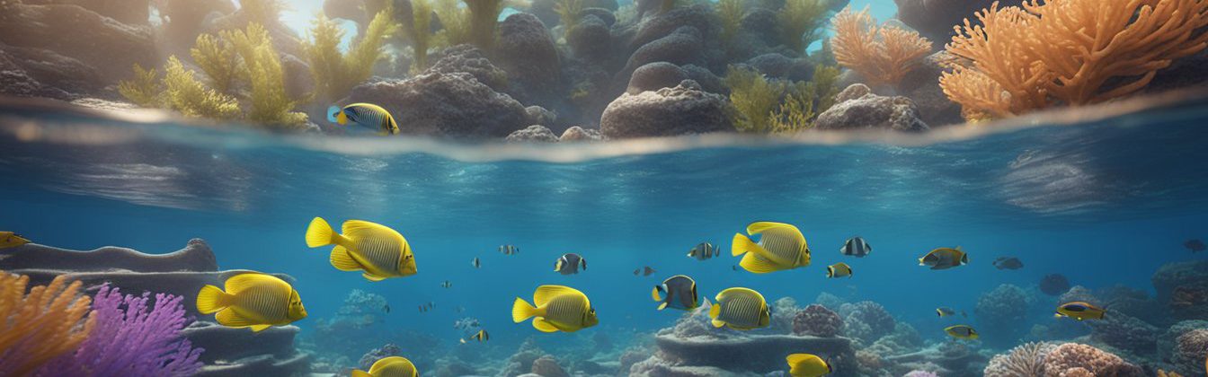 Tropical fish swim in a vibrant coral reef, surrounded by clear water with a balanced pH levels