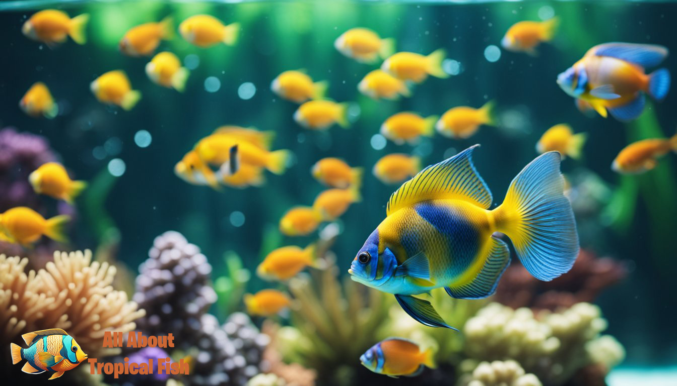 Tropical fish swim in a vibrant aquarium