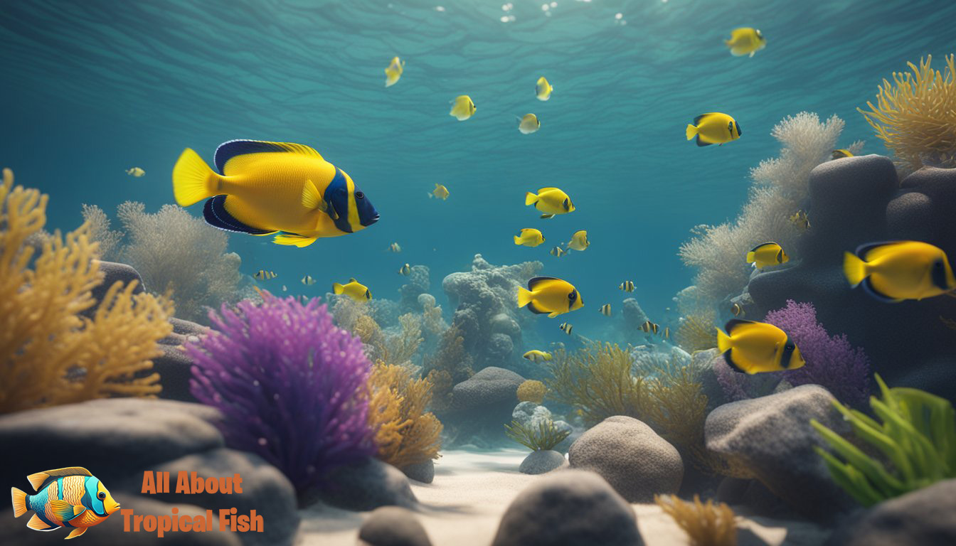 Vibrant tropical fish swim in a clear aquatic environment