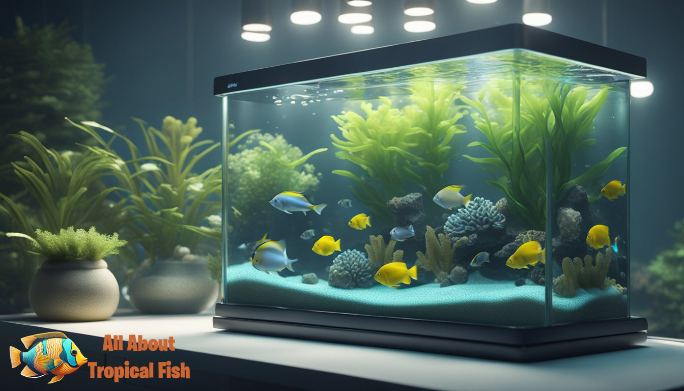 A clear aquarium on a table with tropical fish swimming in it