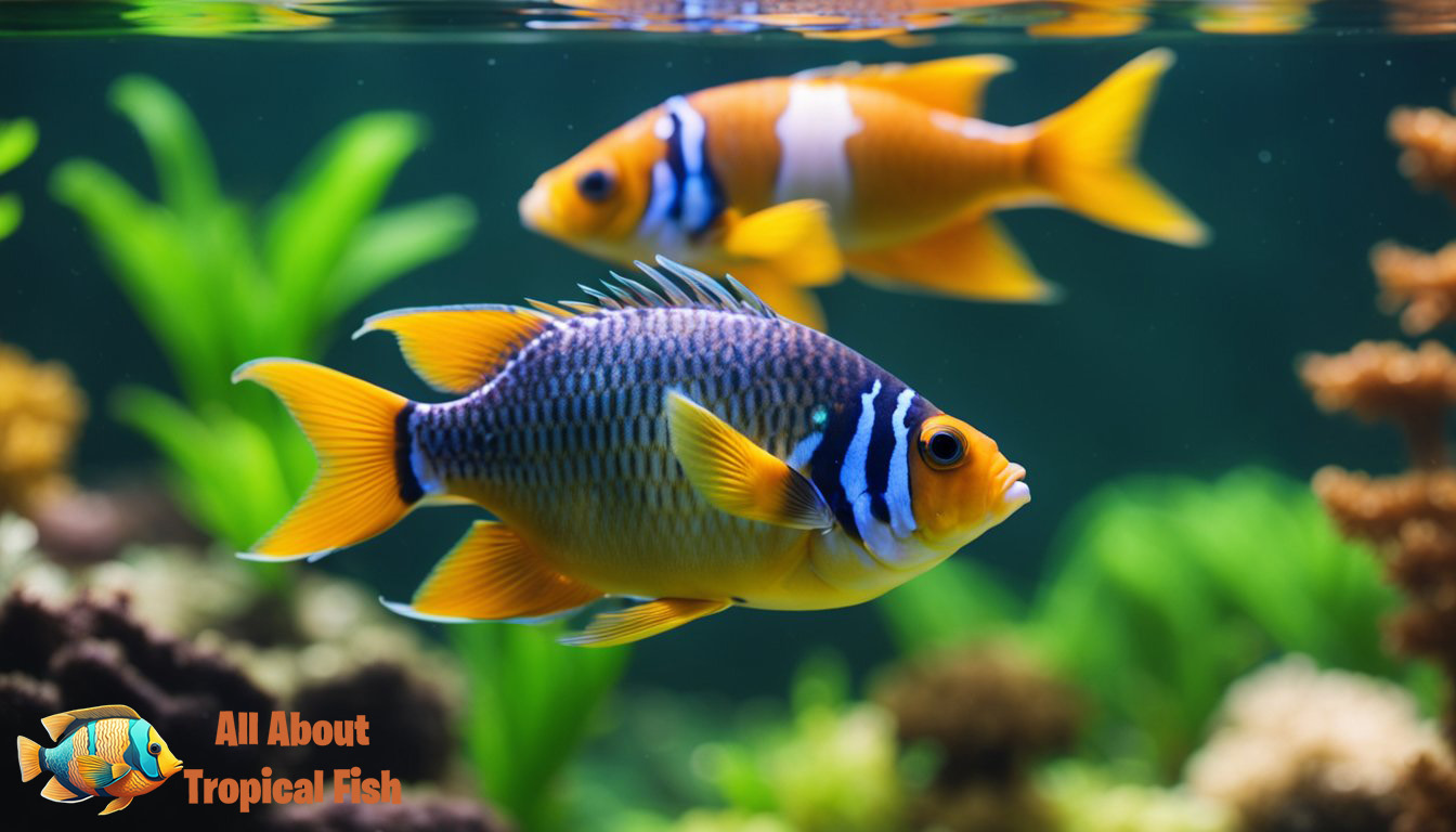 Colorful tropical fish swim in a vibrant planted fish tank. PH levels are balanced for a variety of species