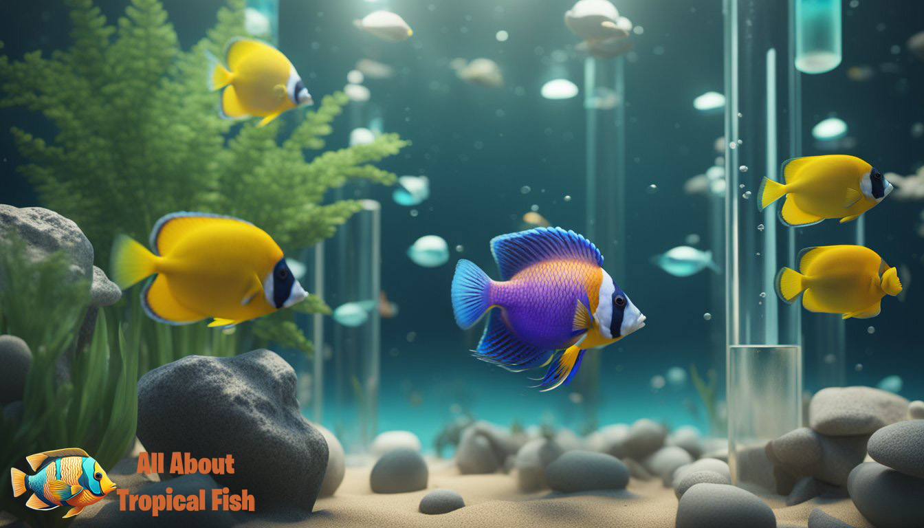 Tropical fish swim among natural elements, while chemicals are being added to adjust the pH levels in the water